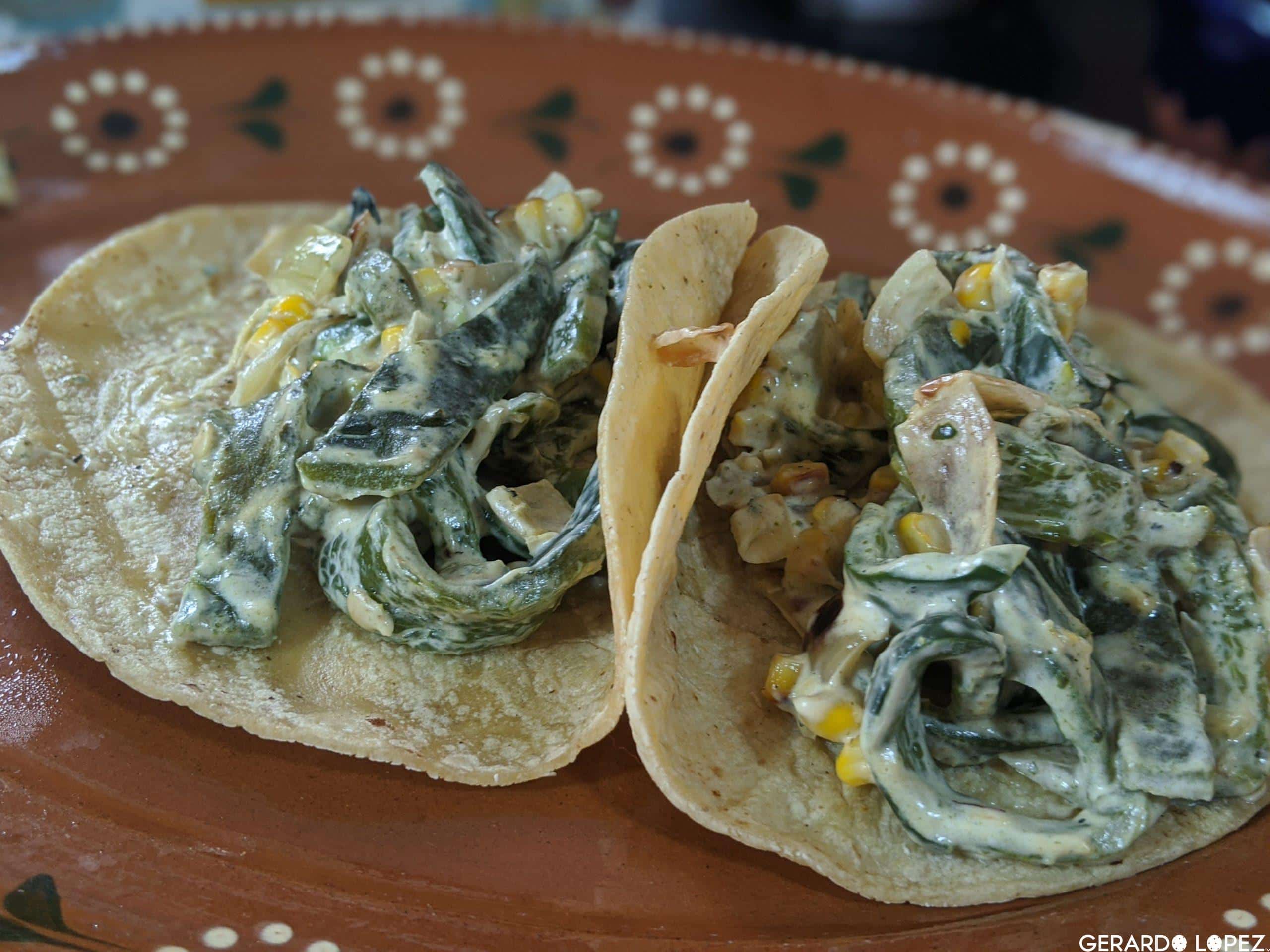 Rajas con cremaRajas con cremaRoasted Poblano chillies on a creamy sauce tacos